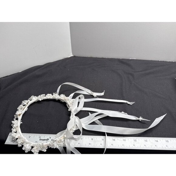 White Floral Halo Headband With Streamer Ribbons For Weddings & Special Occasion - Picture 4 of 6